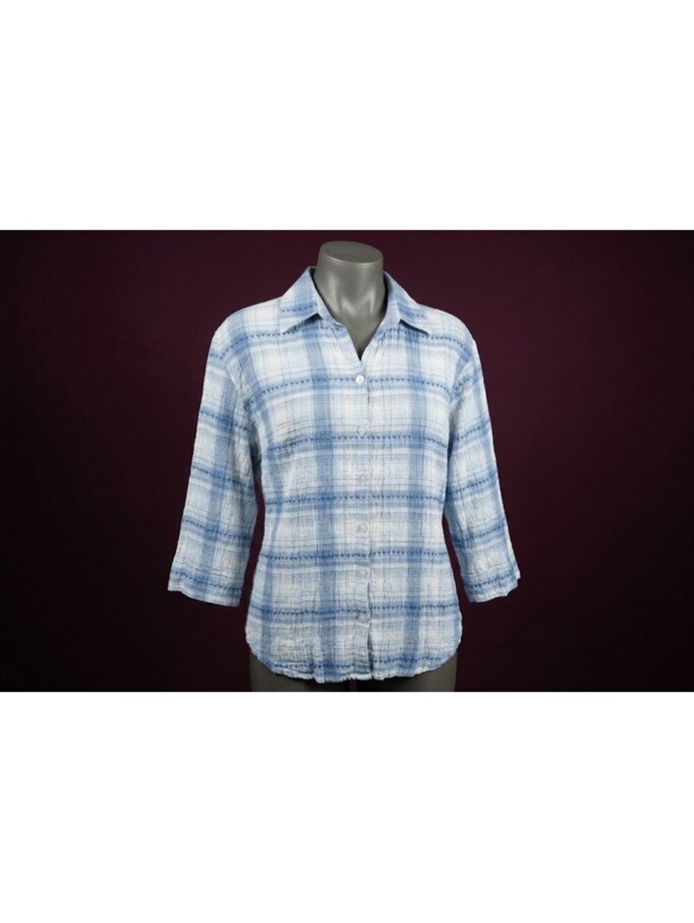 Lemon Gtrass Studio Women's Large Plaid CrinkleButton Front Shirt Sleeve blue L